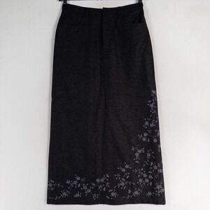 Eddie Bauer Maxi Skirt Womens 8 Charcoal Gray Floral Embroidered Wool Blend